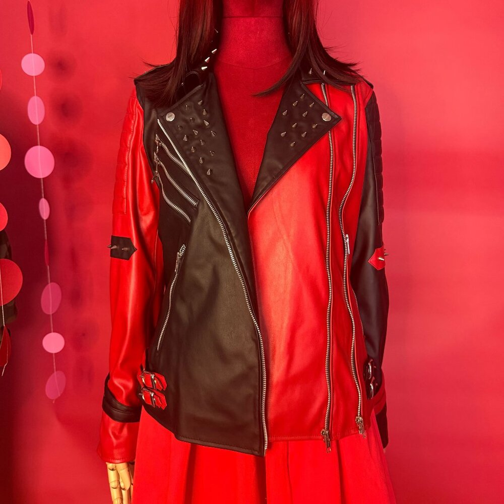 MSJ Style Punk Biker Jacket – Red & Black Faux Leather with Studs – Size S